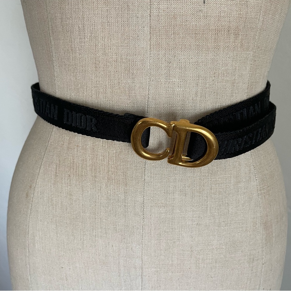 Dior Black Logo Canvas Belt with Gold CD Interlocking Buckle